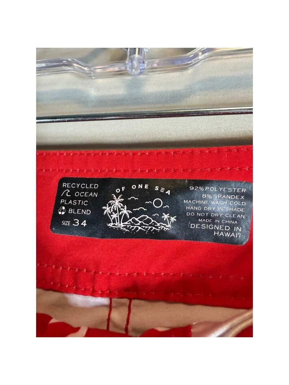 Of One Sea Mens Red Shaka Print Board Shorts Recycled Ocean Plastic Size 34